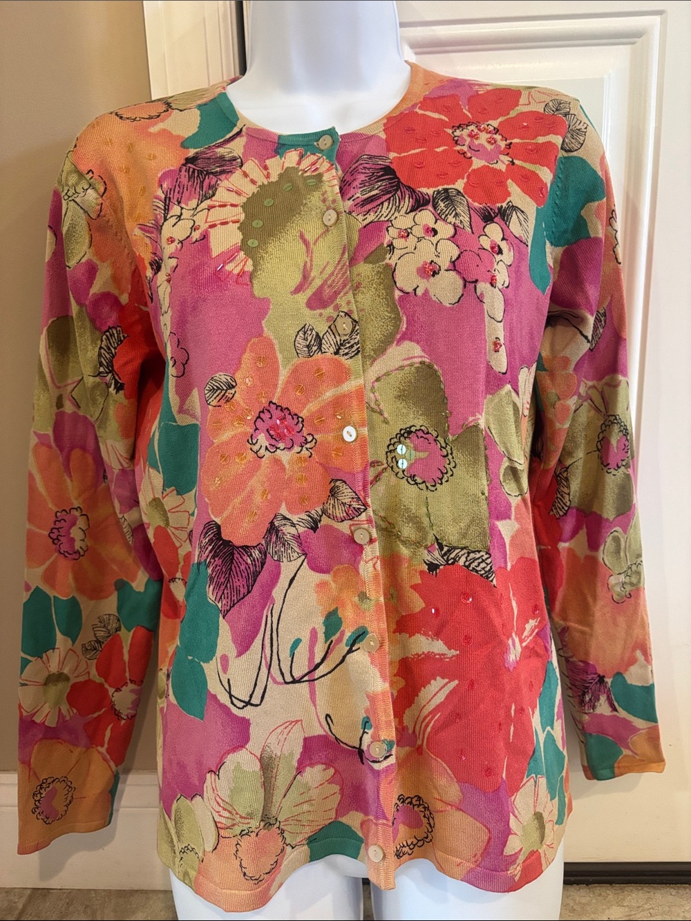 Rafael Vibrant Floral Button-Front Silk Cardigan